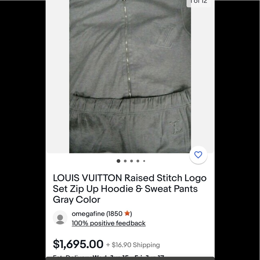 LOUIS VUITTON Raised Stitch Logo Set Zip Up Hoodie & Sweat Pants Gray Color